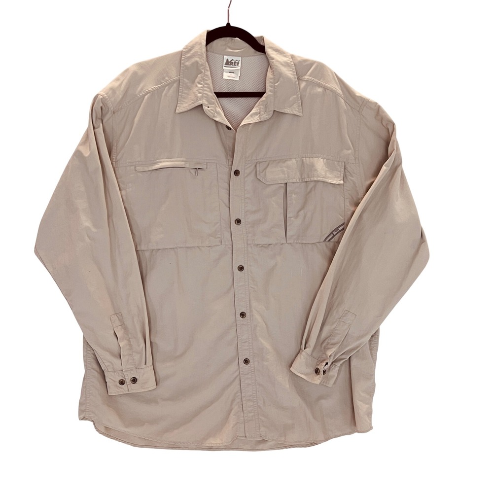 REI Men's‎ Long Sleeve Fishing Camp Shirt Khaki Lightweight Outdoor Adventure XL